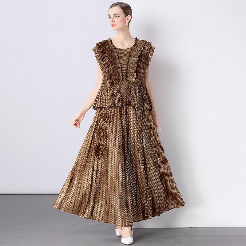 压褶夏季大码套装女中年妈妈胖mm短袖时髦宽松上衣遮肚百褶半身裙