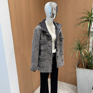 Ceevan元货假两件连帽可拆卸垫肩羊驼毛西装小香风外套羊毛呢大衣