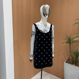 Ceevan气质精致进口薄丝绒全手工钉钻时尚 百搭背心裙小黑裙吊带裙