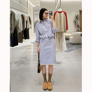 Ceevan气质休闲蓝格清新百搭松紧收腰衬衫 上衣蕾丝花边包臀半身裙