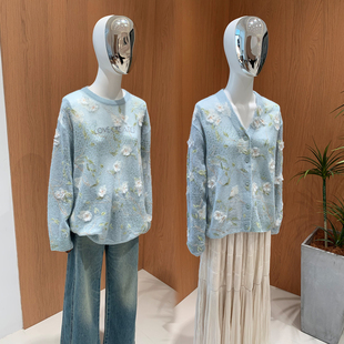 Ceevan重工进口机织特种绣花清新温柔立体剪花气质V领开衫 套头衫