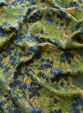 时尚布艺 复古绿植物花卉SPH破卡缎面雪纺布料春夏印花面料不透