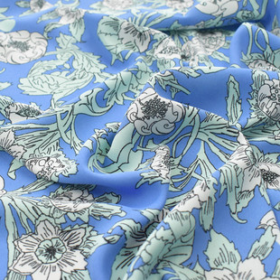 时尚布艺 法式蓝色炫花 缎面乱麻雪纺布料 春夏季印花布面料 不透