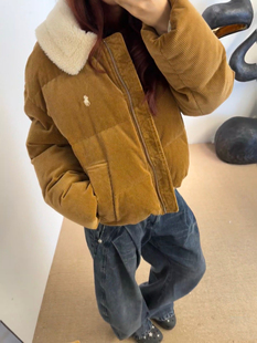 25秋冬新款小马刺绣复古灯芯绒羽绒外套羊羔毛翻领短款加厚面包服