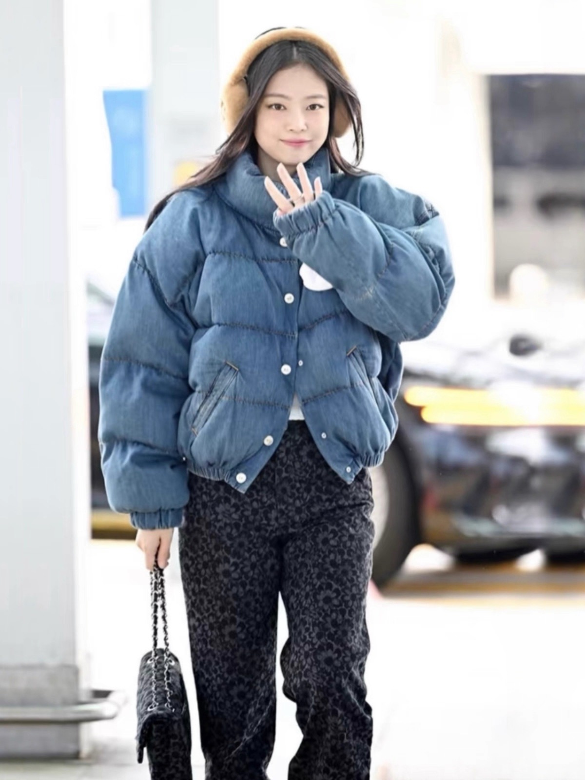 Jennie同款冬季新款立领山茶花牛仔羽绒服加厚保暖棉衣面包服外套