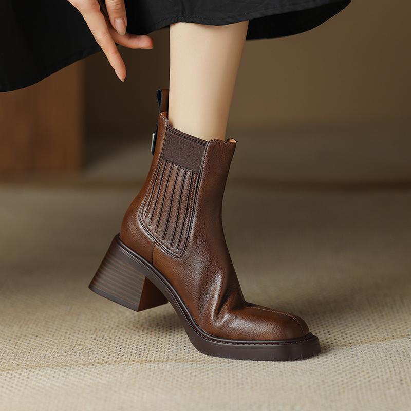 真皮粗跟短靴女方头踝靴