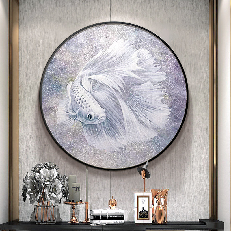 手绘圆形油画银色斗鱼金鱼玄关装饰画墙画客厅轻奢挂画餐厅艺术画