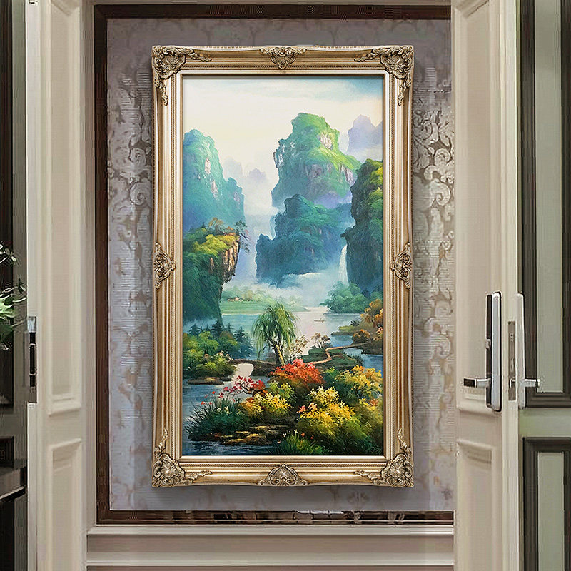 欧式定制手绘油画风水装饰画玄关客厅挂画新中式走廊壁画世外桃源