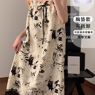 夏季 吊带睡裙女款 带胸垫纯棉黑色猫咪睡衣性感蕾丝花边甜美家居服