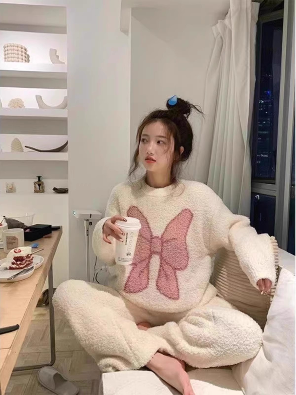 韩国ins珊瑚绒睡衣女秋冬季长袖毛茸茸甜美学生半边绒加厚家居服