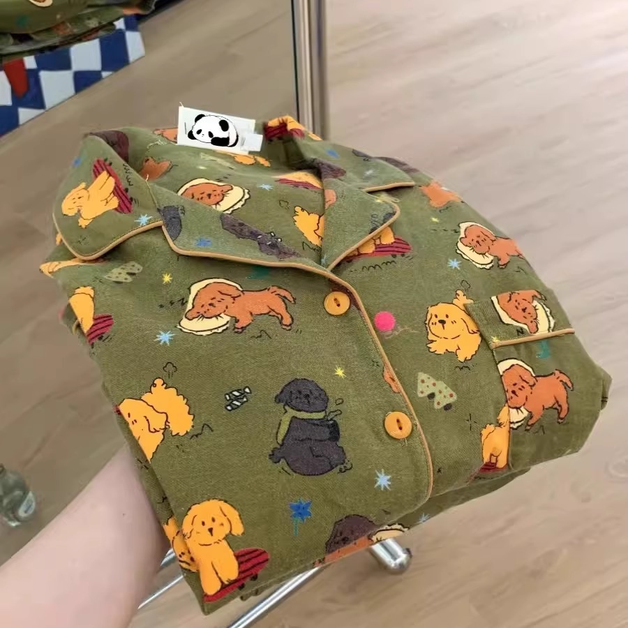 显白橄榄绿长袖睡衣女春秋款套装