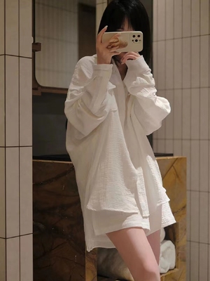 ins休闲白色纱布长袖睡衣女夏天新款短裤宽松家居服大码纯欲套装