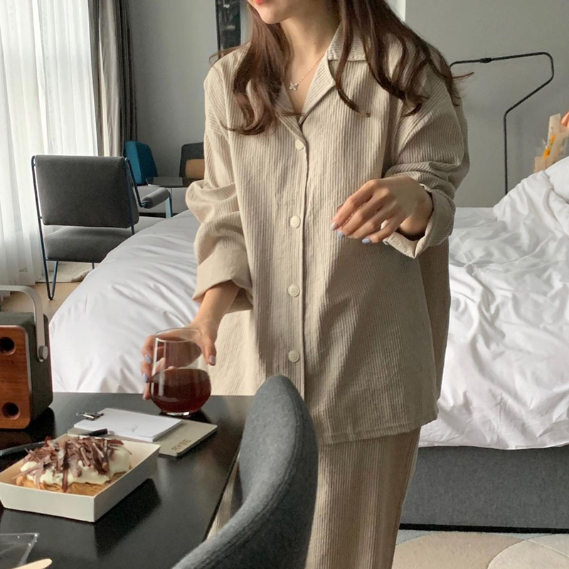 纯棉睡衣女士春秋季长袖休闲大码高级感纯色全棉家居服套装可外穿