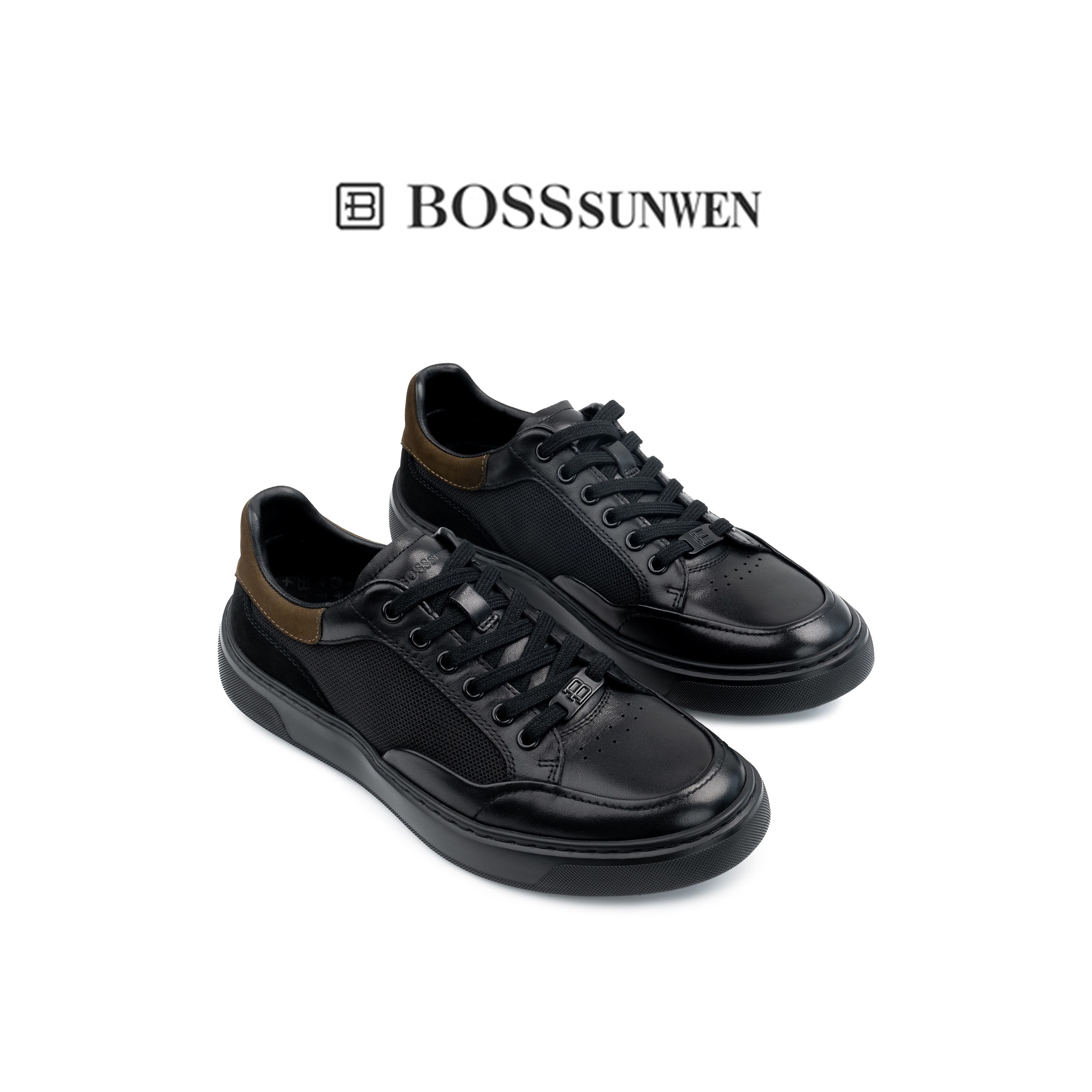 [商场同款]BOSSSUNWEN/博斯·绅威黑色网面运动板鞋男士休闲鞋图片