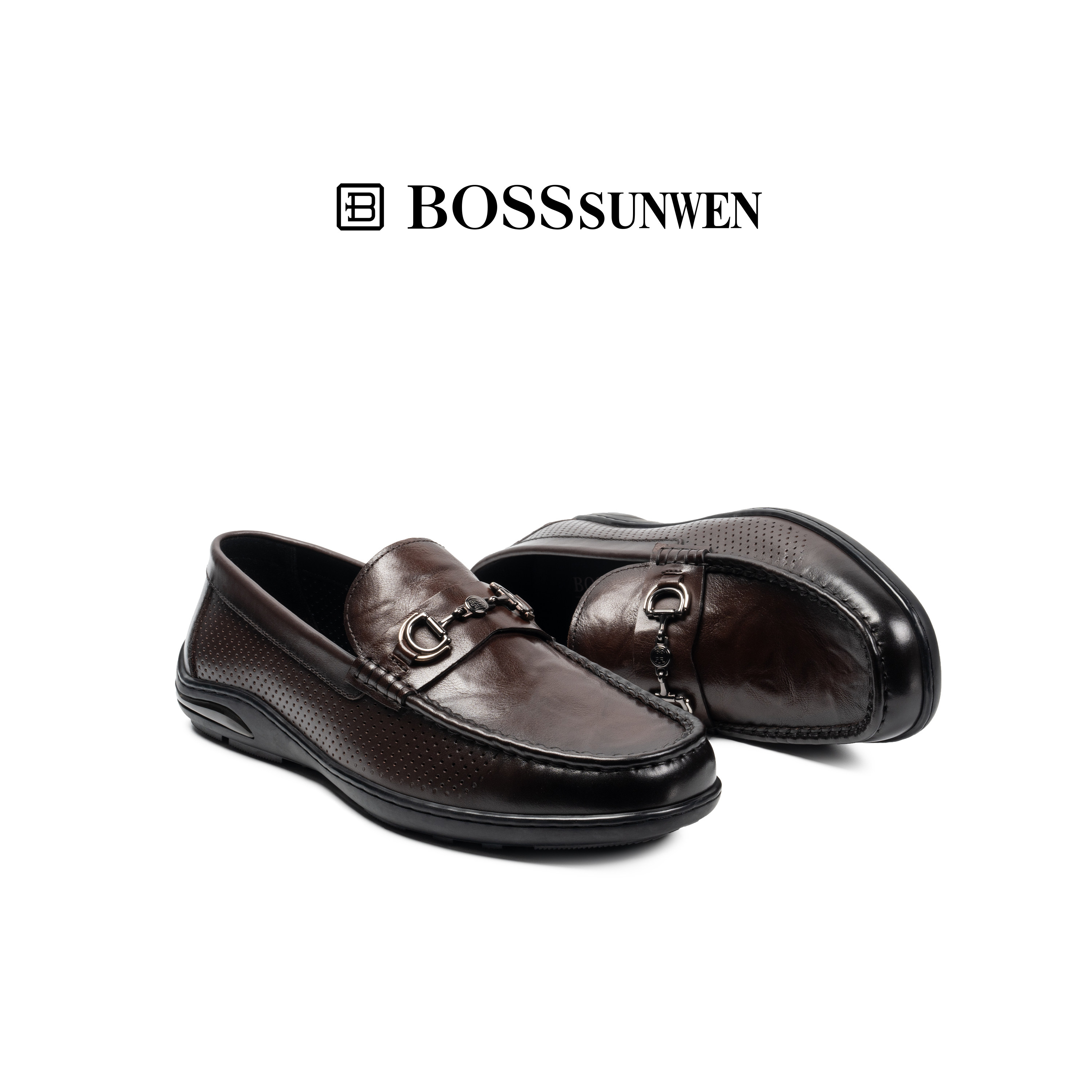 BOSSSUNWEN/博斯·绅威夏季冲孔透气一脚蹬皮鞋软底休闲乐福男鞋图片