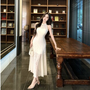 2525夏季 国风长裙夏收腰显瘦温柔气质白月光旗袍鱼尾连衣裙女 中式