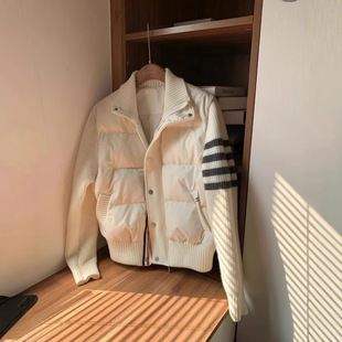 TB 白鸭绒90绒秋冬季女士针织袖羽绒服翻领外套经典四杠加厚保暖