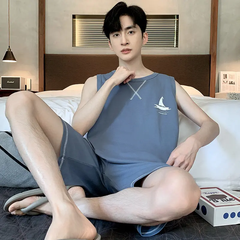 100%睡衣男纯棉背心短裤无袖夏季大码休闲薄款家居服套装夏天男款