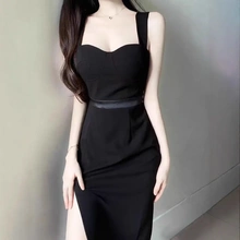 气质设计感黑色小个子开叉夏季连衣裙女礼服修身显瘦吊带中款裙子