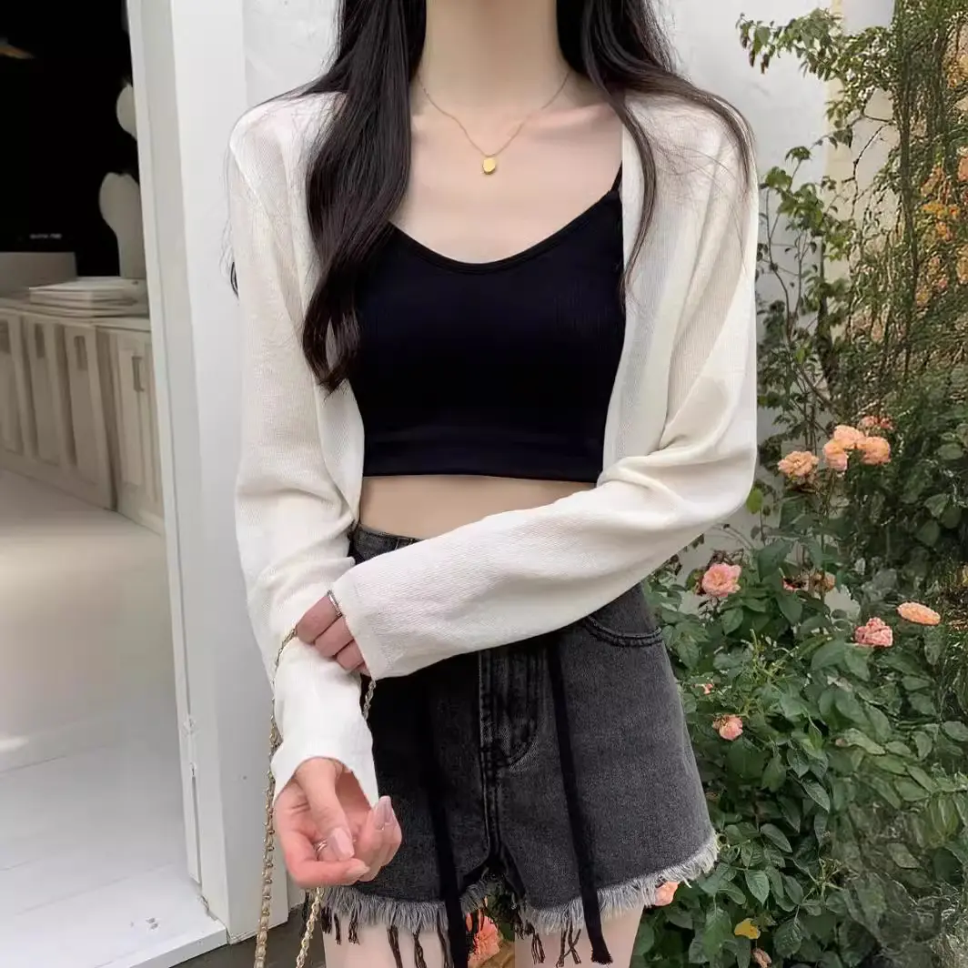 薄款针织衫女夏季披肩白色防晒外搭吊带连衣裙配长袖开衫外套上衣
