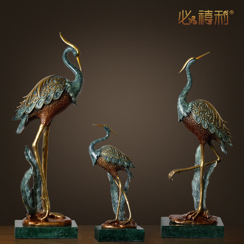 必禧利纯黄铜仙鹤摆件丹顶鹤装饰中式风水摆设玄关摆设创意家居