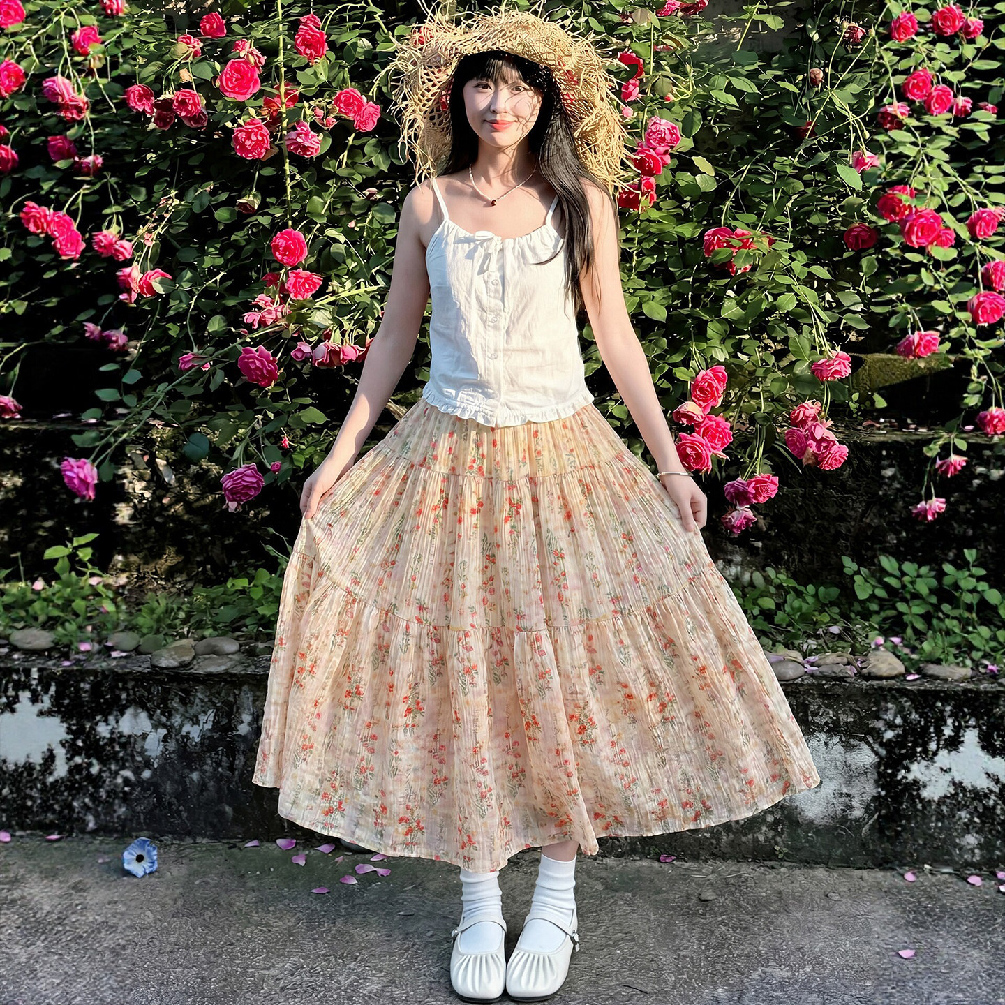 巨好看粉白碎花半身裙女2026夏季高腰大摆蓬蓬雪纺蛋糕仙女半身裙
