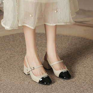 夏四季5厘米高玛丽珍单鞋小香风黑白杏拼接中跟烫钻鞋软皮女凉鞋