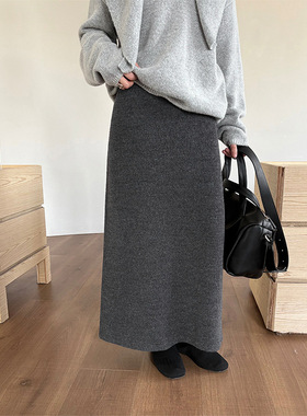 TG 韩系气质羊毛呢显瘦A字半身裙女2025冬季新款后开叉长裙25971