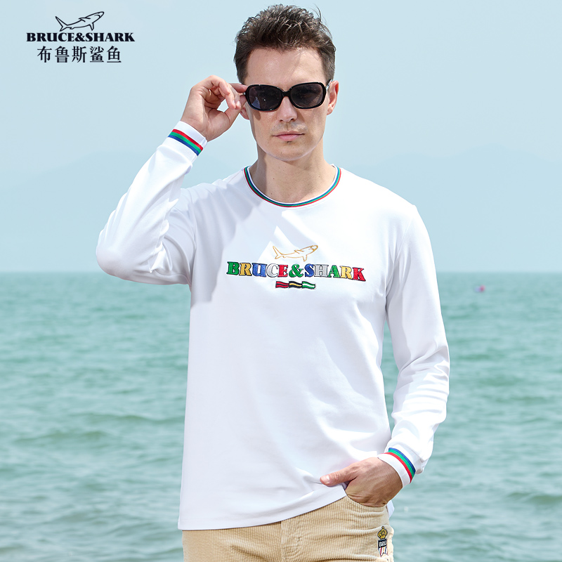 秋冬季新款t恤男大码长袖布鲁斯鲨鱼潮牌男士宽松上衣厚打底衫