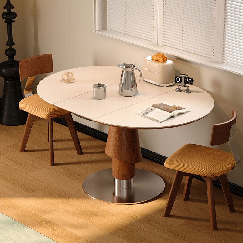 斐度中古风洞石岩板实木伸缩圆形餐桌椭圆形拉伸桌子小户型折叠桌