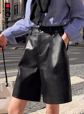 2025春秋黑色PU皮短裤女a字裤高腰阔腿五分裤宽松显瘦直筒裤短裤