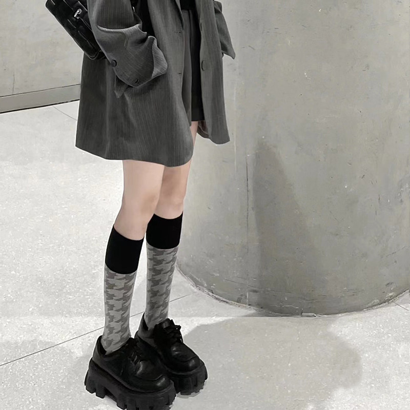 灰色千鸟格小腿袜女春秋简约网红袜子纯棉中筒长袜子日系显瘦百搭