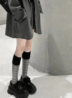 灰色千鸟格小腿袜女春秋简约网红袜子纯棉中筒长袜子日系显瘦百搭