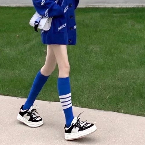 蓝色学院风小腿袜女jk棉袜中筒袜