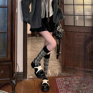 条纹细格子小腿袜女秋冬日系学院风JK棉质针织复古百搭中筒袜加厚