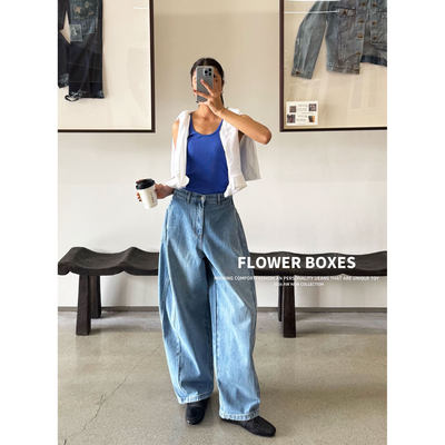 花匣子春季高腰宽松阔腿牛仔裤