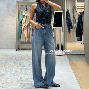 阔腿裤 flower花匣子2205极简风宽松高腰直筒牛仔裤 女水洗蓝色窄版