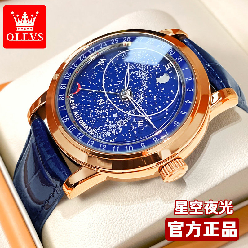 百达斐丽星空款全自动机械男士手表真皮表带月相满天星镂空6104R