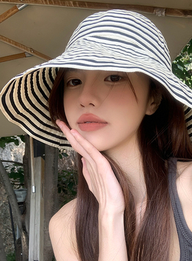 韩国ANGEL复古条纹渔夫帽女夏大帽檐可折叠防晒帽户外遮阳太阳帽