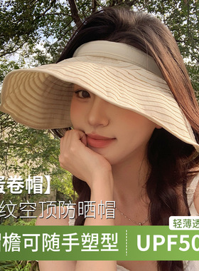 日本RX空顶蛋卷帽子防紫外线时尚可折叠条纹大檐发箍式防晒帽女