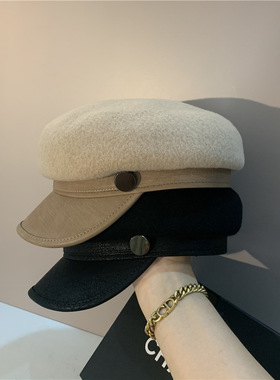 ins23新款羊毛鸭舌帽女秋冬毛呢八角帽英伦复古拼皮报童帽画家帽