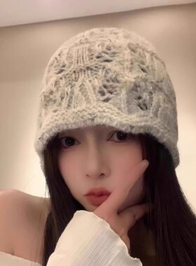 日本秋冬镂空花边包头针织渔夫帽女保暖护耳百搭显脸小毛线帽冷帽