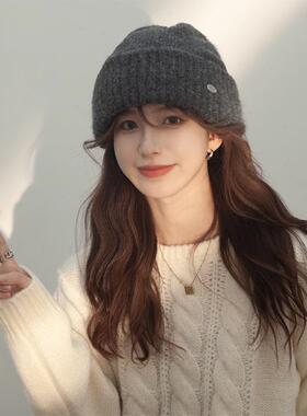 日本RX黑色针织帽女显脸小堆堆帽冬季大头围毛线帽护耳保暖冷帽子