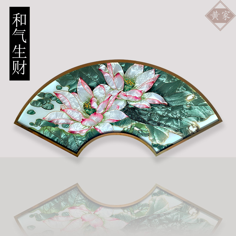 扇形珐琅彩装饰画手绘荷花床头画客厅画壁画中式风格现代简约花卉图片