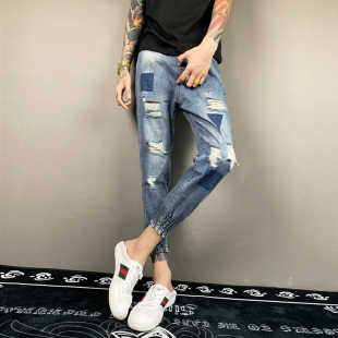 社会人九分破洞牛仔裤潮男束脚裤快手网红小伙修身小脚裤男乞丐裤
