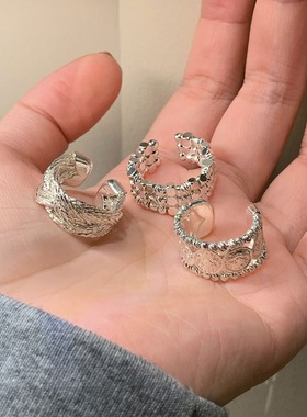 宽边肌理感钱币戒指女几何麻花百搭叠戴S925镀银开口指环食指戒潮