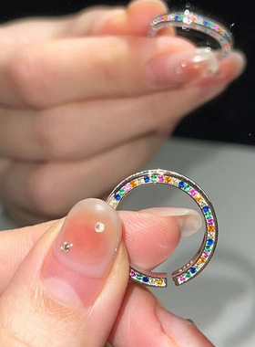 网红彩虹戒指女韩版时尚个性几何网格S925镀银开口指环设计感食指