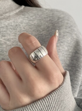 简约几何竖纹宽边开口镀银戒指