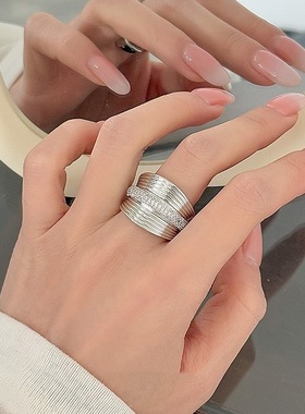 精致小蛮腰闪亮气质戒指女几何宽边条纹时尚开口指环小众食指戒潮