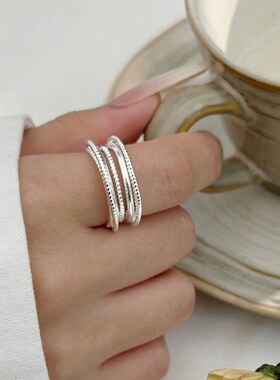 简约冷淡风线条戒指女不规则时尚个性百搭宽边S925镀银开口食指环